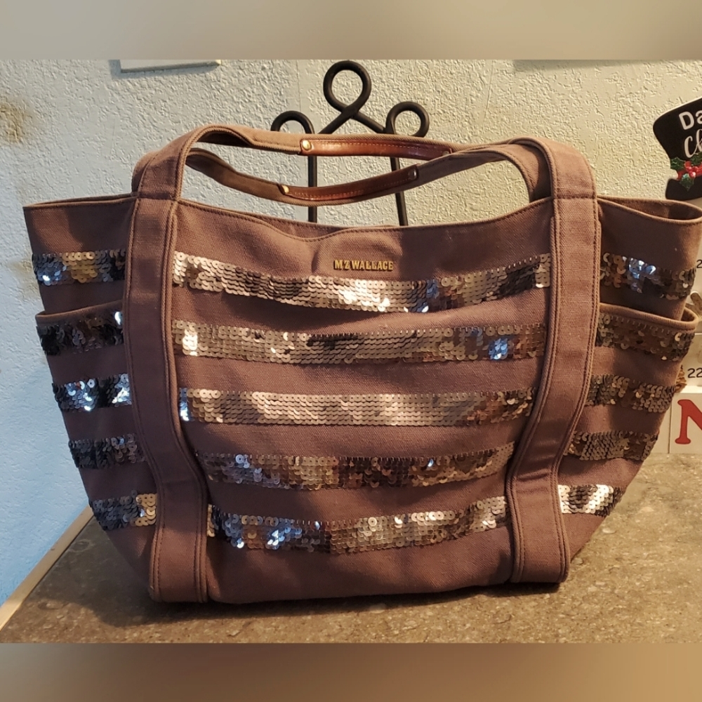 MZ Wallace Sequin Stripe Tote - Brown and Silver